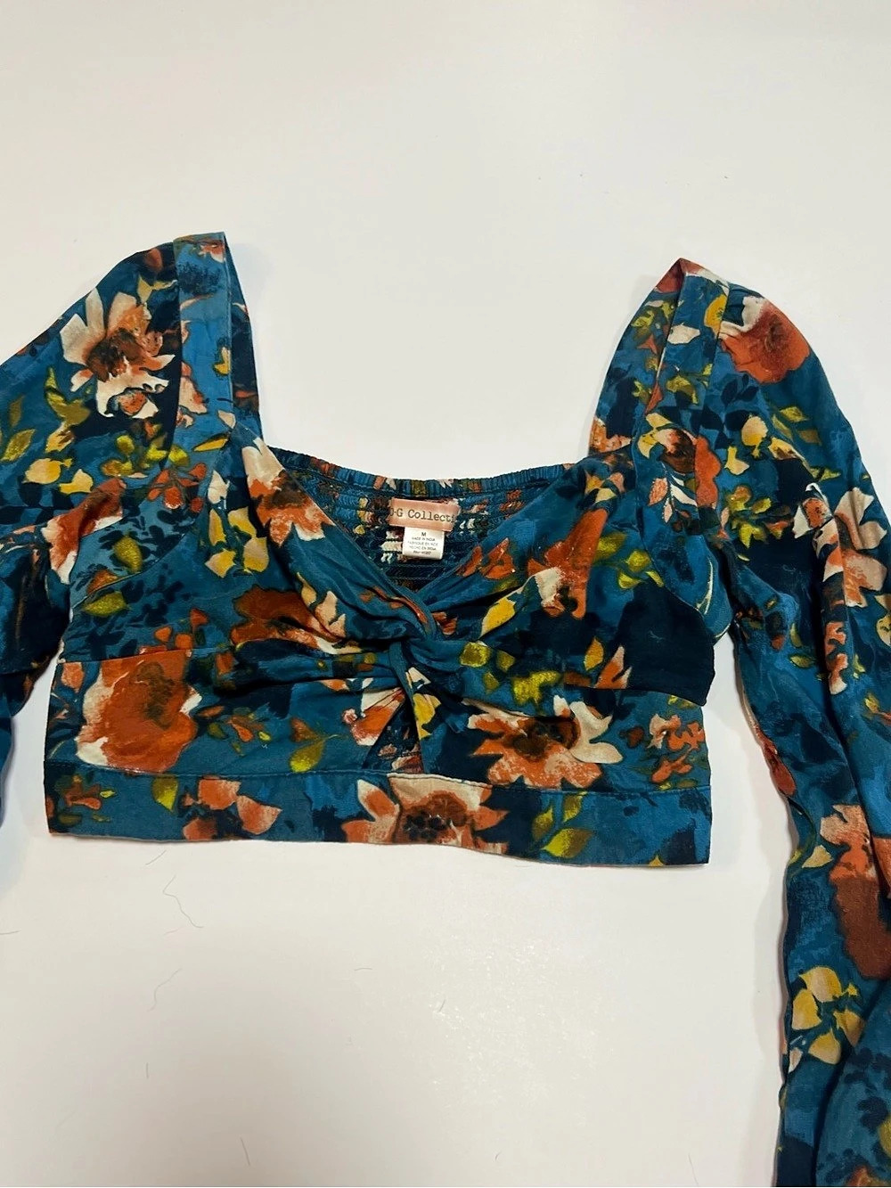 B.O.G Collection Floral Tie-Front Crop Top in Blue & Orange Size Medium